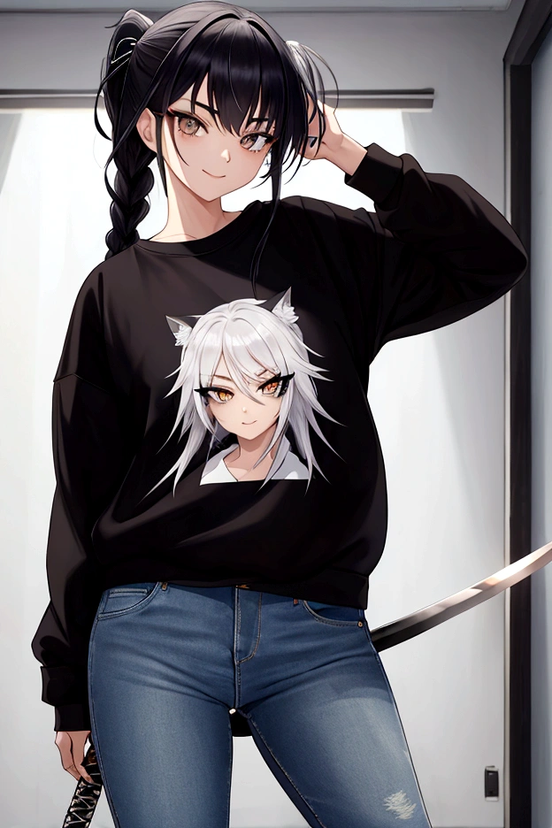 Raise an 18 year old, tied up hair, shorth hair, Bblack hair, silver white eyes, ssmile, wearing sweatshirt, jeans, black sweatshirt, holding a katana, stylish, stance, fine-detailed