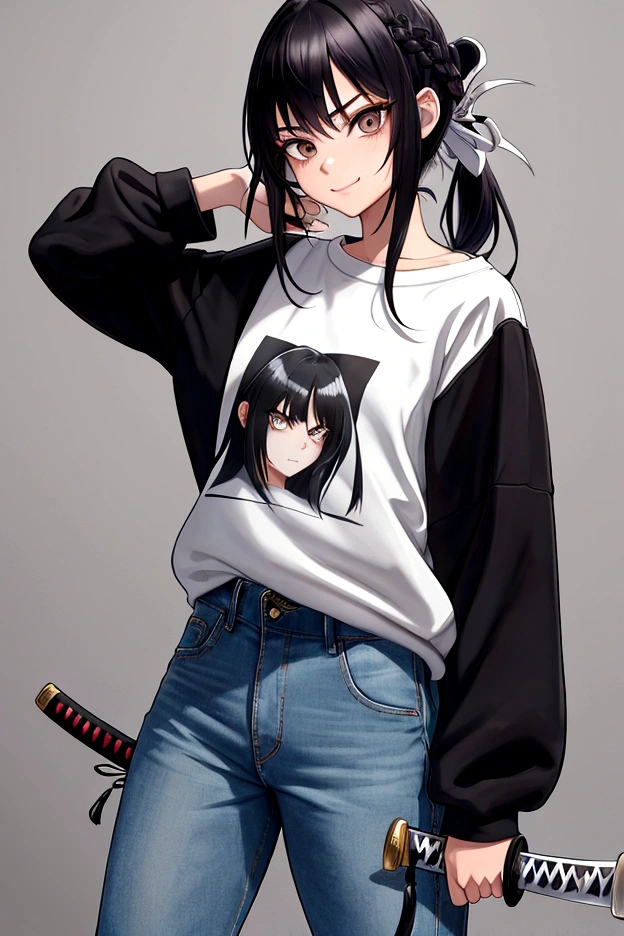Raise an 18 year old, tied up hair, shorth hair, Bblack hair, silver white eyes, ssmile, wearing sweatshirt, jeans, black sweatshirt, holding a katana, stylish, stance, fine-detailed
