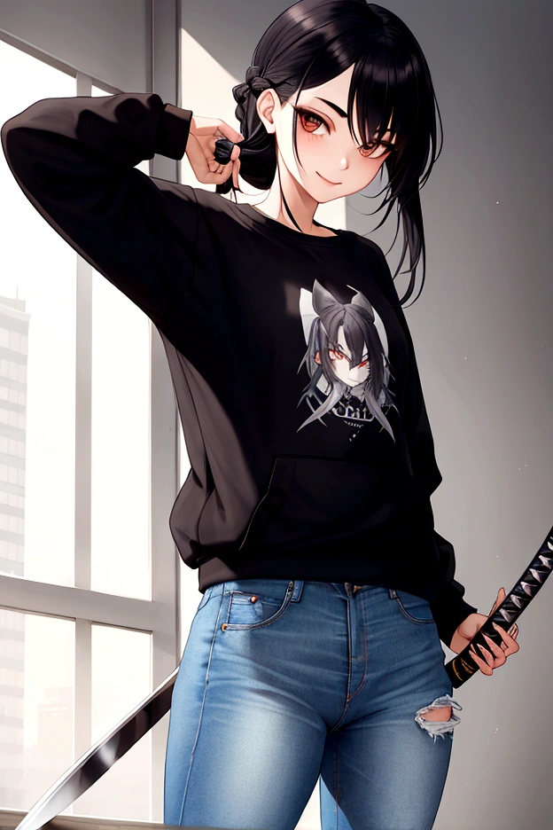 Raise an 18 year old, tied up hair, shorth hair, Bblack hair, silver white eyes, ssmile, wearing sweatshirt, jeans, black sweatshirt, holding a katana, stylish, stance, fine-detailed