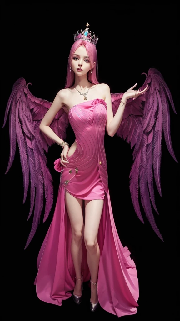 A beautiful slim girl with full body, pink dress, pink straight hair, crown on head, with bright pink wings