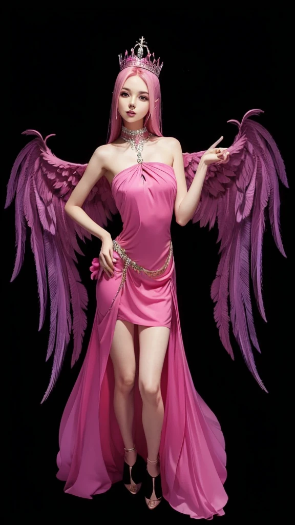 A beautiful slim girl with full body, pink dress, pink straight hair, crown on head, with bright pink wings