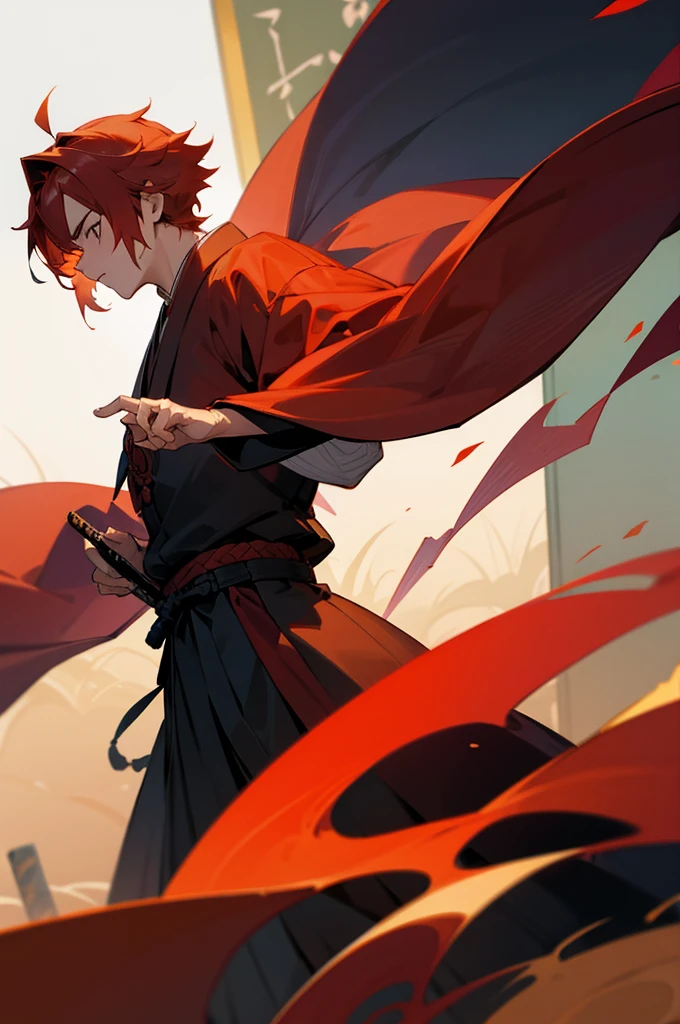 Adult, male, samurai Clothing, Standing pose, Town background, Red Hair