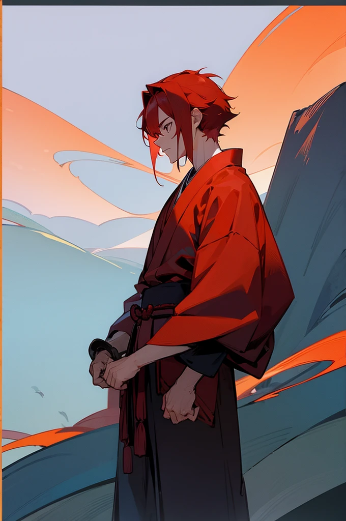 Adult, male, samurai Clothing, Standing pose, Town background, Red Hair