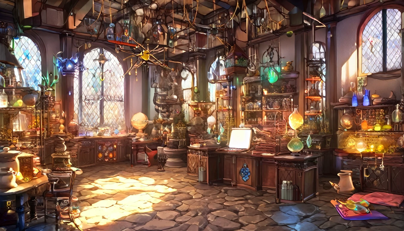 Cover page, High resolution, Highest quality, Highest quality, Paid reward available, An unparalleled masterpiece, Perfect artwork, Absurd, High quality illustrations, 超High resolution, Detailed Background, Perfect Anatomy(One boy, alone, kemono, Furry Personification, Alchemist, experiment)Many pottery, a room with many windows, In a cluttered laboratory, スチームパンクのexperiment室で, fantasy Alchemist laboratory, Inside the weapon shop, Cinema Lighting,