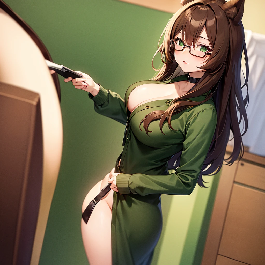 Dog girl with provocative clothes brown hair green eyes big breasts glasses