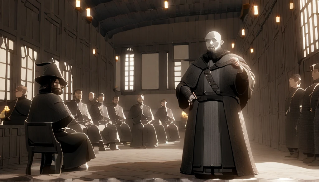 ((anime Infinite Status art, 4k, epic quality, detailed texture)). The theme is festive.  It's night.  The setting is a large old medieval tavern, hyper detailed, wooden furniture, wooden walls with chandeliers completely illuminating the scene, some windows, wooden floors, there are several people(men and women) from several different RPG classes(knights, clerics, ninjas, thiefs, monks, archers, pirates) partying and drinking a lot of beer around the scene, the focus is a man(31-years-old wizard, bald, handsome face, smiling like a drunk, black beard slightly gray, white skin, brown eyes, strong and short in stature, he wears a pointy wizard's hat and legendary wizard's clothes, he is drinking beer from a mug using his left hand).  The atmosphere is happy and magical. Complete view of the setting.
