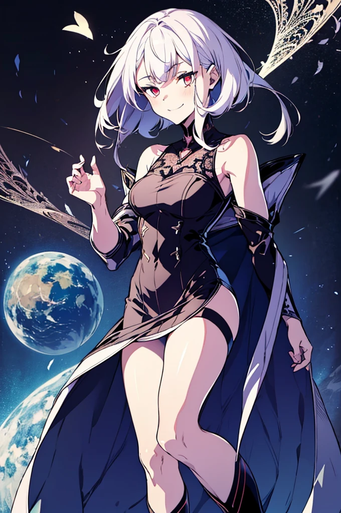 (masutepiece, Absurd quality, Best Quality, Official art, Beautiful and aesthetic:1.2), (1 :1.4), ighly detailed, (Fractal Art:1.3), Colorful, highest details, Vivid Color, front view, holy knight, albino, baby-face, Dark light, ((Fluffy black ruffled dress)), White lace up short boots, white long hair, Beautiful detailed red eyes, glare at viewer,Full body,((whole body)),((white hair)),evil smile,