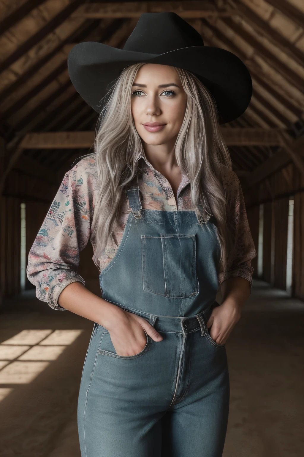 a portrait of (Alanahp) inside a farm barn, (wearing cowgirl clothes : 1.5) and a cowboy hat, bright coloured, dramatic lighting, (work of art, best qualityer:1.1), Nikon D850, film stock photography ,4 Kodak Portra 400 ,f1 camera.6 lenses ,rich colors, (beautifull detailed face : 1.3)