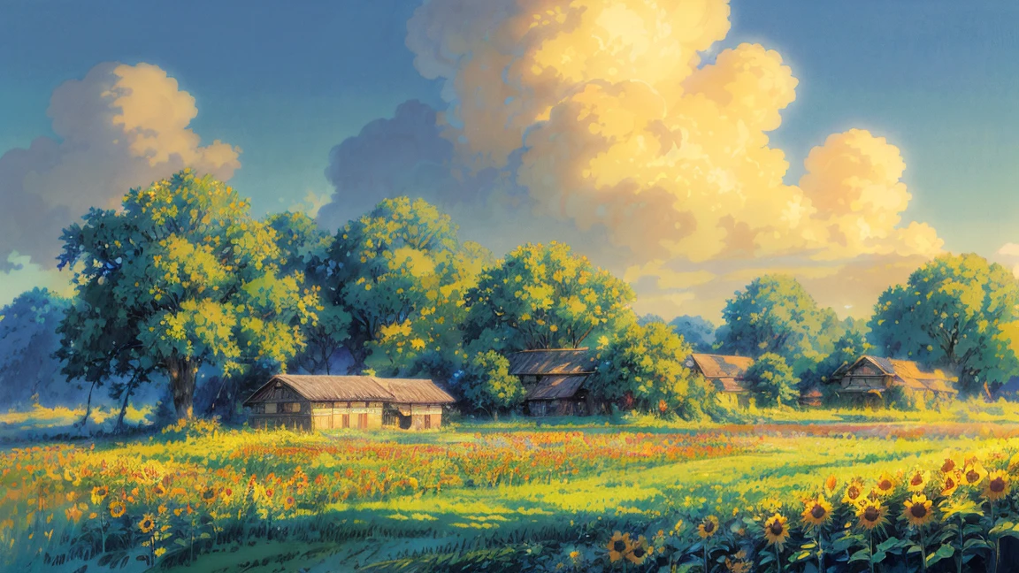 Wide view, a painting of sunflowers in a field, by Kaii Higashiyama, from the studio ghibli film, studio ghibli painting, cinematic studio ghibli still, by makoto shinkai, by Makoto Shinkai, studio ghibli sky, studio ghibli anime screenshot, studio ghibli sunlight, anime countryside landscape, ghibli and ilya kuvshinov, studio ghibli smooth concept art, 4k hd,, beautiful art uhd 4 k, a beautiful artwork illustration, beautiful digital painting, highly detailed digital painting, beautiful digital artwork, detailed painting 4 k, very detailed digital painting, rich picturesque colors, gorgeous digital painting