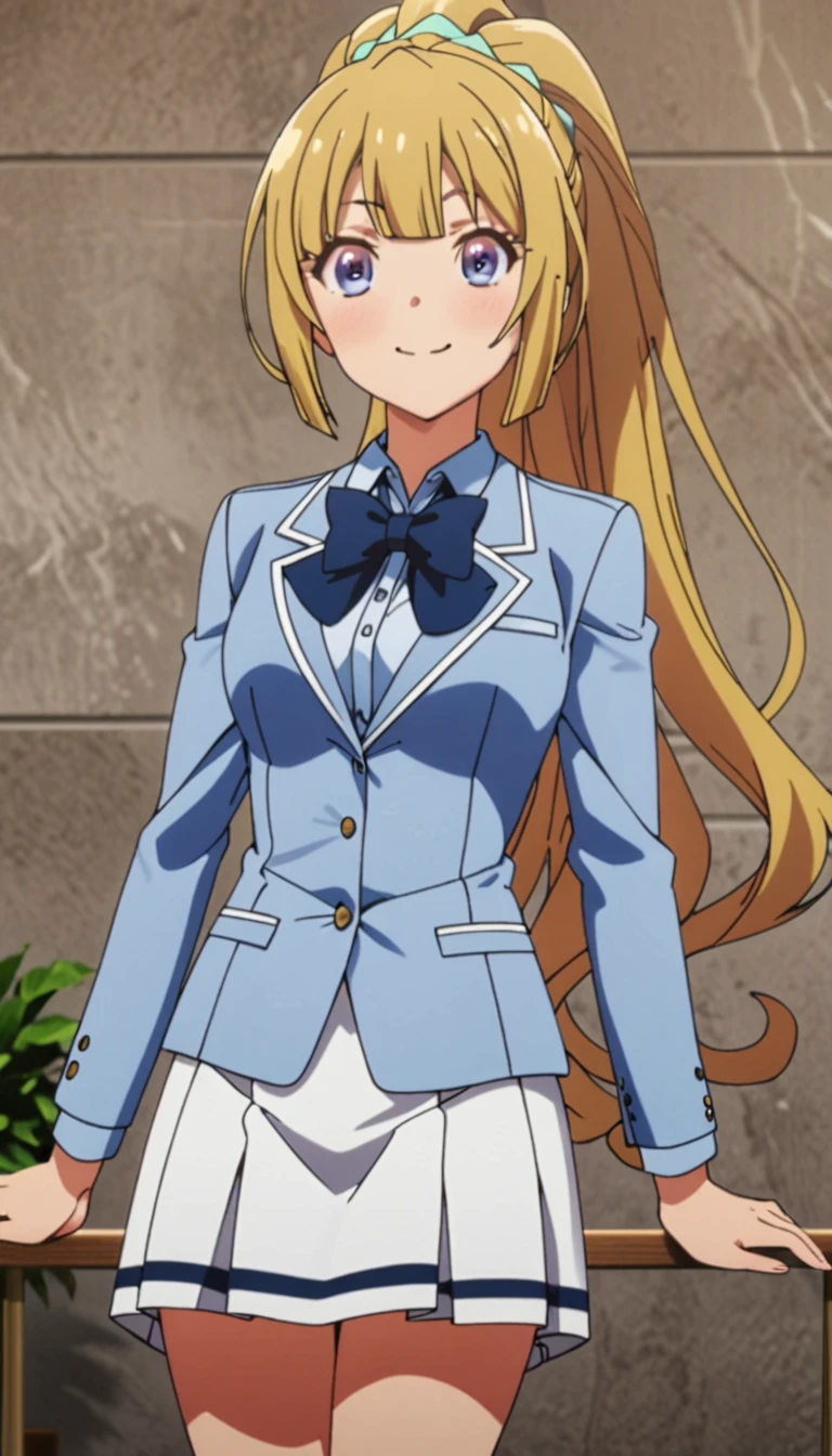 masterpiece, best quality, highres, ponytail hair, (single braid:1.2), hair ribbon, red blazer,buttoned blazer, blue bowtie, long sleeves, white skirt,smile,jumping ,posing,from front,background the sky, closed mouth,score_9, score_8_up, score_7_up, score_6_up, source_anime
