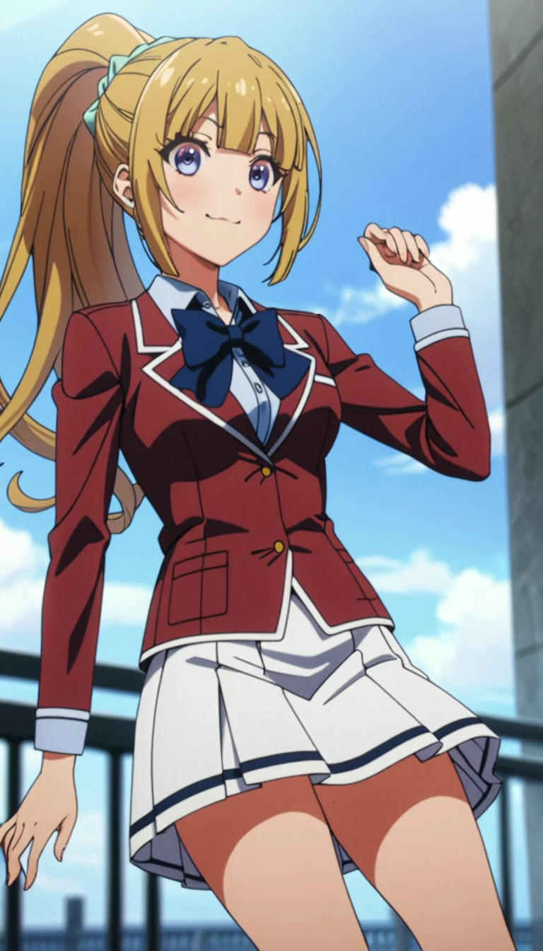 masterpiece, best quality, highres, ponytail hair, (single braid:1.2), hair ribbon, red blazer,buttoned blazer, blue bowtie, long sleeves, white skirt,smile,jumping ,posing,from front,background the sky, closed mouth,score_9, score_8_up, score_7_up, score_6_up, source_anime 