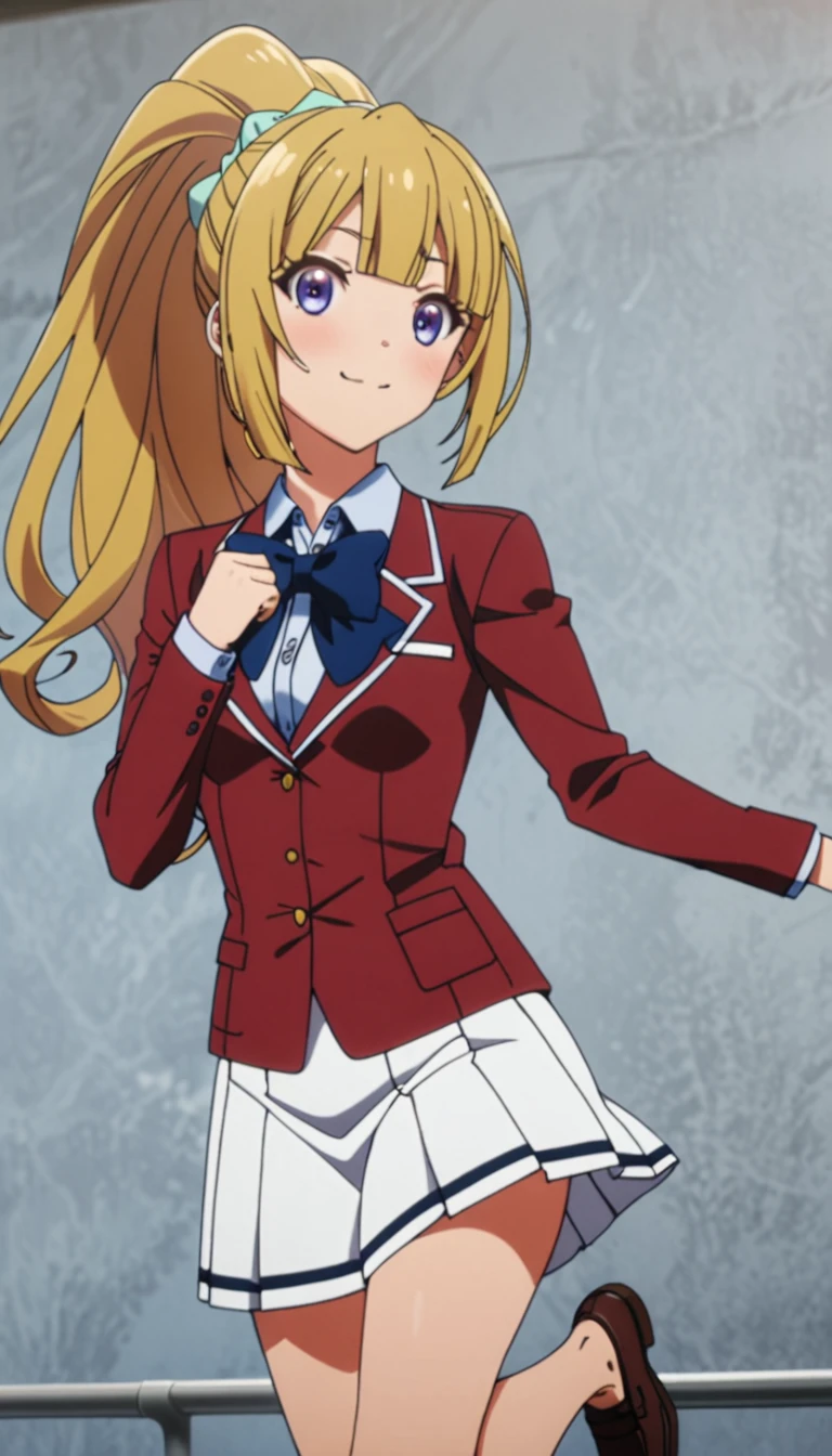 masterpiece, best quality, highres, ponytail hair, (single braid:1.2), hair ribbon, red blazer,buttoned blazer, blue bowtie, long sleeves, white skirt,smile,jumping ,posing,from front,background the sky, closed mouth,score_9, score_8_up, score_7_up, score_6_up, source_anime 