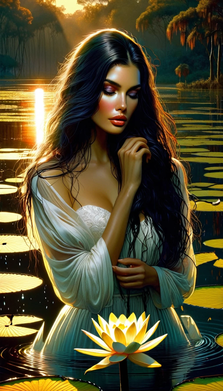 a beautiful woman with long black hair, a pet mouse, standing in a swamp with water lilies, wearing a wet white dress, smelling the flowers of a tree, sunset landscape, (best quality,4k,8k,highres,masterpiece:1.2),ultra-detailed,(realistic,photorealistic,photo-realistic:1.37),extremely detailed face and eyes,high quality portrait,realistic portrait,dramatic lighting,moody atmosphere,cinematic,intricate details,lush foliage,reflective water,warm color palette,glowing sunset (art inspired in Bill Sienkiewicz).
