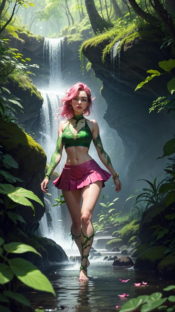 A woman with a pink petal crop top and short skirt, And pink petal bracelets on her wrists and ankles, She has green vines merged with her skin, Alraune, Poison Ivy, Fantasy Plant species. (Walking towards viewer from a waterfall in a lush forest.)