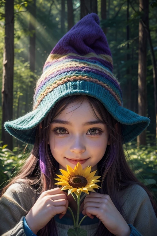 gnome in a forest, very happy, joy with a sunflower flower in his hands, making mischief, purple hair, hair spread out, wizard hat, flower on head, multicolored eyes, long pointy ears, smile, Realism, glowing light, god rays, ray tracing, reflection light, UHD, high quality, super detail, HD, highres, HD, 16k