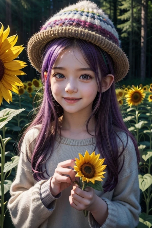 gnome in a forest, very happy, joy with a sunflower flower in his hands, making mischief, purple hair, hair spread out, wizard hat, flower on head, multicolored eyes, long pointy ears, smile, Realism, glowing light, god rays, ray tracing, reflection light, UHD, high quality, super detail, HD, highres, HD, 16k