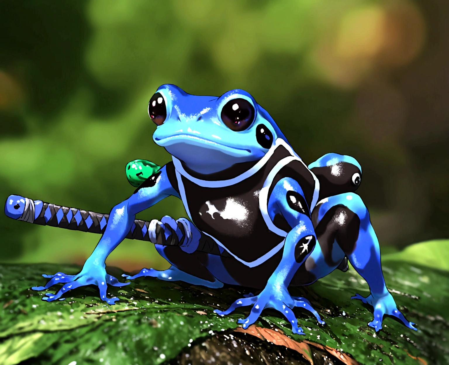 Small samurai frog with two katanas with blue skin.