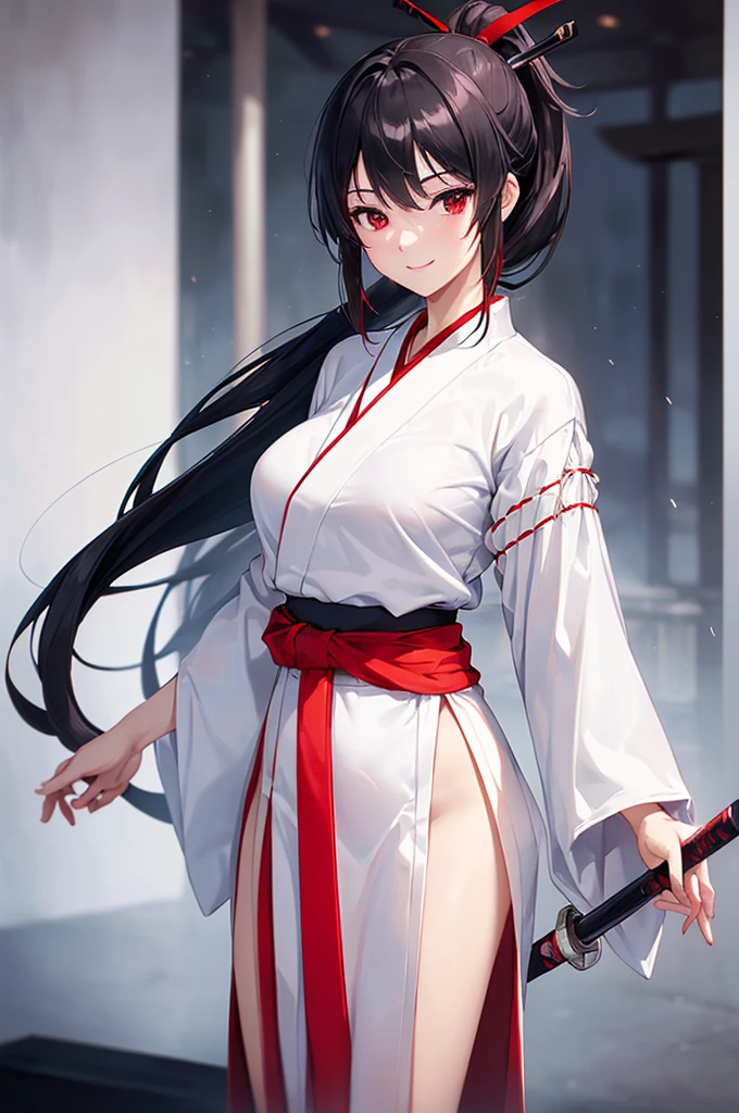 (masterpiece; best quality: 1.2), (finely detailed eyes: 1.3), ((25 year old woman)), ((solo)), (red eyes: 1.4), (body; lithe, slender, femenine: 1.3), (black hair in ponytail: 1.3), (beautiful and clear background: 1.2), ((depth of field)), (clothes: ronin attire + black-and-white hakama + red sash: 1.3), (anime illustration: 1.2), (background; kendo dojo + night time: 1.1), (extremely fine and beautiful: 1.1), (shot composition; standing + centered on torso + close-up: 1.5), (expression; calm, smile: 1.2)