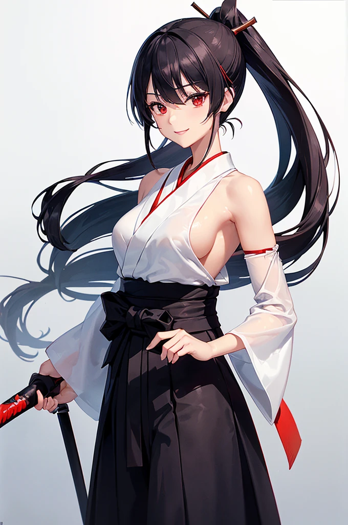 (masterpiece; best quality: 1.2), (finely detailed eyes: 1.3), ((25 year old woman)), ((solo)), (red eyes: 1.4), (body; lithe, slender, femenine: 1.3), (black hair in ponytail: 1.3), (beautiful and clear background: 1.2), ((depth of field)), (clothes: ronin attire + black-and-white hakama + red sash: 1.3), (anime illustration: 1.2), (background; kendo dojo + night time: 1.1), (extremely fine and beautiful: 1.1), (shot composition; standing + centered on torso + close-up: 1.5), (expression; calm, smile: 1.2)