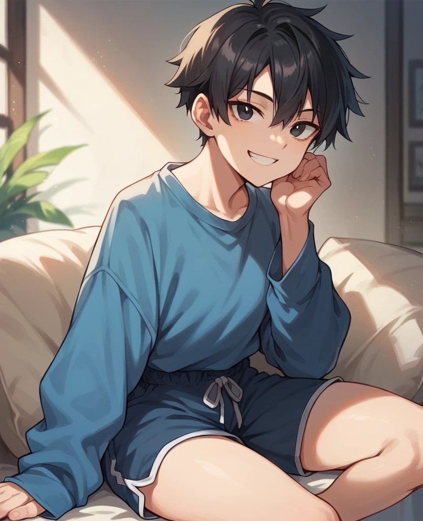 score_9, score_8_up, score_7_up, score_6_up, 1girl, solo, tomboy, black hair, black eyes, blue shirt, long sleeves, blue shorts, looking at viewer, smile, indoors