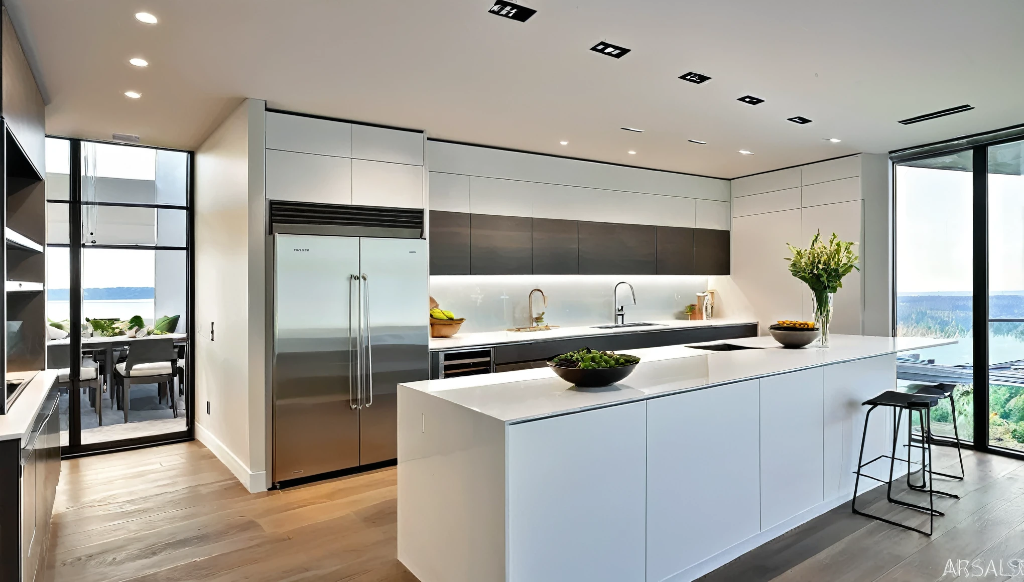 Generate an image of the kitchen in the modern house, where technology meets culinary artistry. Showcase state-of-the-art appliances, a minimalist design, and an open-concept layout that promotes functionality and beauty.