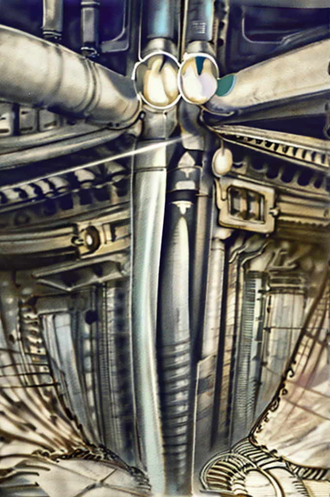 The image is a detailed view of H.R. Giger's \" Landscape XVI \" plate, featuring a complex network of bones and organs in a purple-brown hue ,swirling gray and brown colors. The artwork is silver and purplish brown, with an ivory bones prominently displayed. The image is highly detailed and intricate, almost like a 3d version of a medical diagram The image is an artistic representation of a mechanical structure with pipes and gears, with a skeletal creature and a windmill blade. The image depicts a surreal, anatomical illustration of a alien body with a skeleton inside, surrounded by a network of tubes and pipes. biomechanical landscape by Hans Rudie Giger composed of fossilized and mummified alien life forms. Image depicts a strange and dreamlike, combines biological and mechanical ,managed to dreamlike quality. Centralized recognizable shapes of skulls, rib cages, and spines, all intertwined with tubes and cables. These shapes suggest fossilized mummified alien life forms. Central skeletal structures and what appears to be a ribcags of ivory in the foreground are the most identifiable organic elements. The mechanical elements are evident in the wires and tubes emanating from the skeletals, as well as the smooth metallic tubes. In the background shapes are visible that could be interpreted as other fossilized or mummified alien life. Light source from the top highlights skeletals, upper part of foreground, lower part of image is in shadow. The piece is a tableau, most likely created with a India ink pen or pencil on paper, determined by the thin lines, shading techniques, and the texture of the paper, which is visible around the edges. used is pen, given the shading and variations in line weight visible in the image. One have used a variety of pencils with different degrees of hardness to achieve the shading effects The placement of the creatures on the center follows the rule of thirds, a principle in composition that places important elements along im