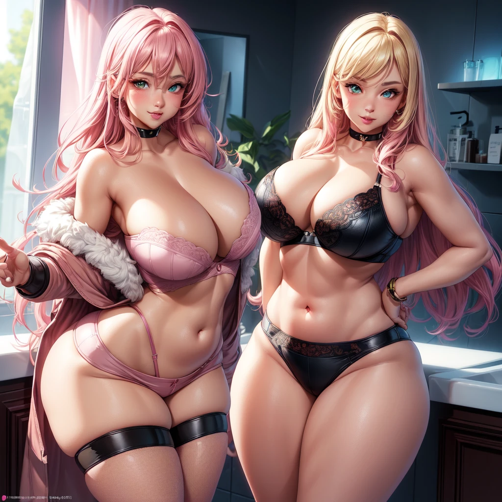 ((1 girls), solo, clevage, Big round breasts, trendy, stylish, clevage, thighs, hips, realistic, pink hair, blonde hair, light green eyes, lip gloss, detailed face, amazing big eyes, eye details, big lips, eyebrow details, pink mini skirt, crop top blush, confident, dominant, bdsm, smirk, naughty, mischevious face, HD, good quality, curvy, standing up, thick thighs, attractive, amazing body, perfect body, slim thick, indoors, black bra, bathroom sink