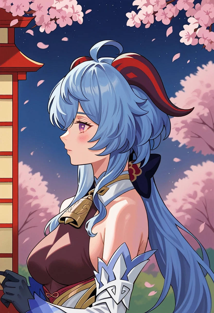 Art Nouveau Style, poster in a theater, (((art by alphonse mucha))), upper body, blush, profile ,(masterpiece, finely detailed beautiful eyes: 1.2), 1girl, solo, beautiful, small details, ultra detailed, best quality, intricate, sharp, digital illustration, detailed, ((cherry blossoms)), ganyu \(genshin impact\), 1girl, ahoge, bangs, bare shoulders, bell, black gloves, ((light blue hair)), blush, breasts, chinese knot, detached sleeves, flower knot, gloves, (red ram horns), long hair, medium breasts, neck bell, night, outdoors, purple eyes, sidelocks, solo, tassel, white sleeves, ((masterpiece)), curly hair