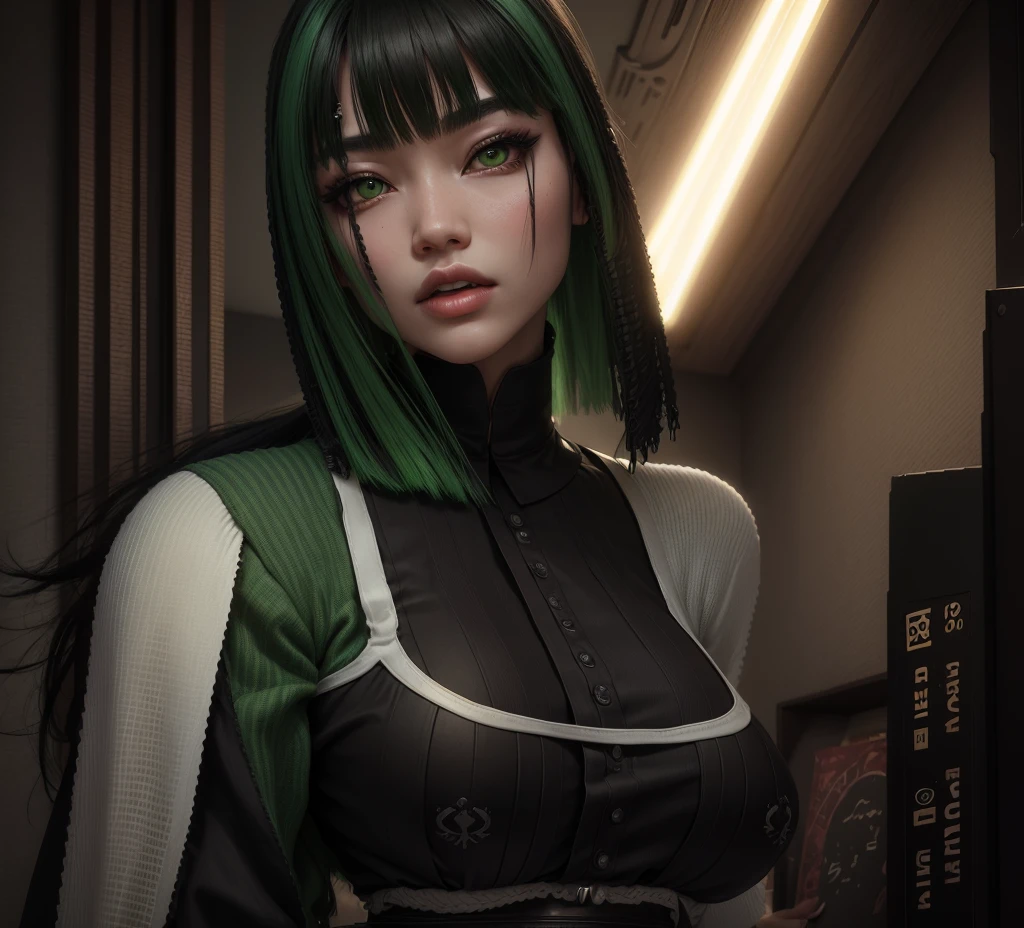 AVATAR SECOND LIFE Korean girl, black blouse, Asian, hair green, hair green, hair green, korean girl , Perfect and detailed face, imvu, maximalist details, AVATAR SECOND LIFE Korean blusa , neon,