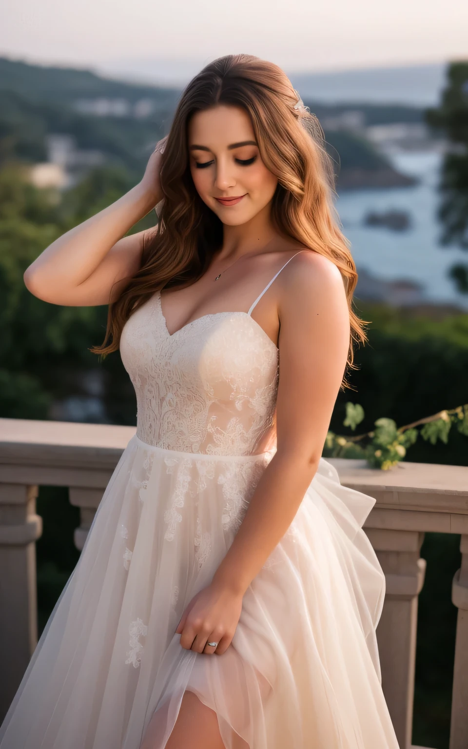 Melody Marks, Intimate, face blush, red blushy cheeks, long wavy hair, feeling excited, beautiful thighs, in love, wearing wedding dress, in the bedroom