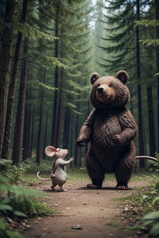 a mouse talking to a bear in the forest