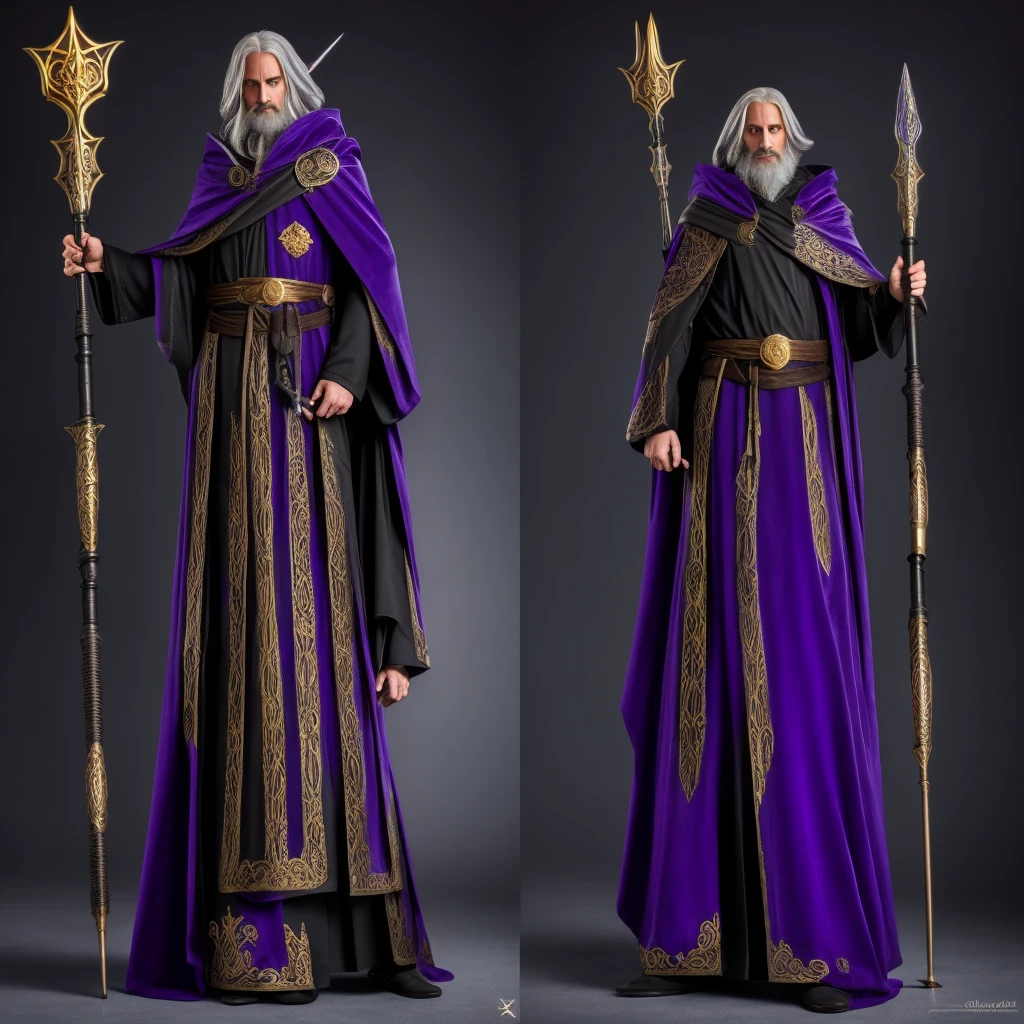 Adult wizard with purple robe and golden eye details, holding a black staff with a blue stone at the end and in the other hand a grimoire