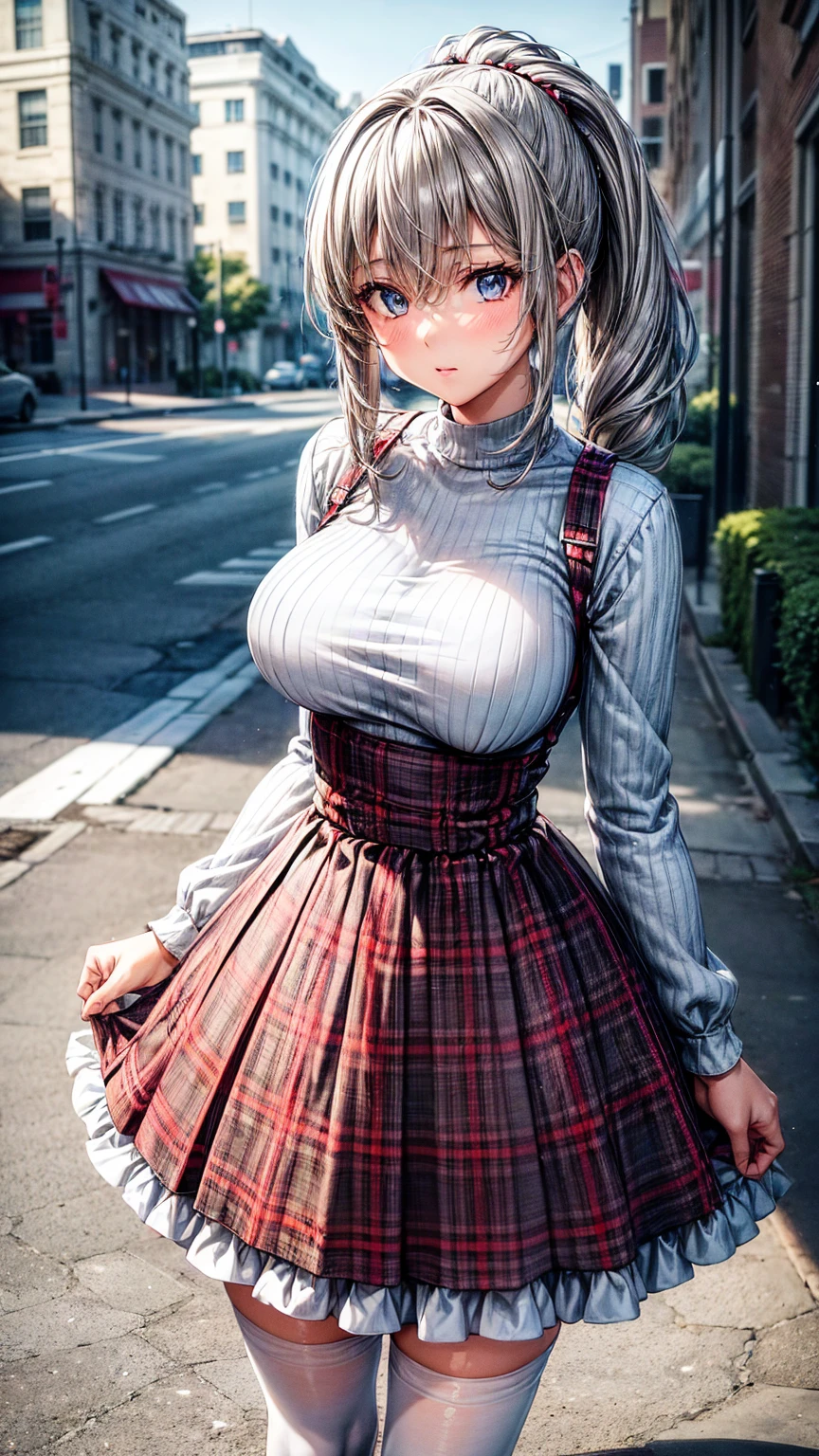 1girl,masterpiece,best quality,grey hair,(ponytails),blue eyes,(white stockings),(red plaid skirt),standing,in full length,medium breasts,white t shirt,in front of streets,extremely detailed,[[realistic]],beautiful alluring anime teen,seductive anime girl,slim body