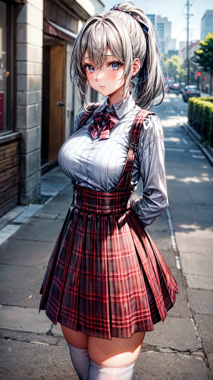 1girl,masterpiece,best quality,grey hair,(ponytails),blue eyes,(white stockings),(red plaid skirt),standing,in full length,medium breasts,white t shirt,in front of streets,extremely detailed,[[realistic]],beautiful alluring anime teen,seductive anime girl,