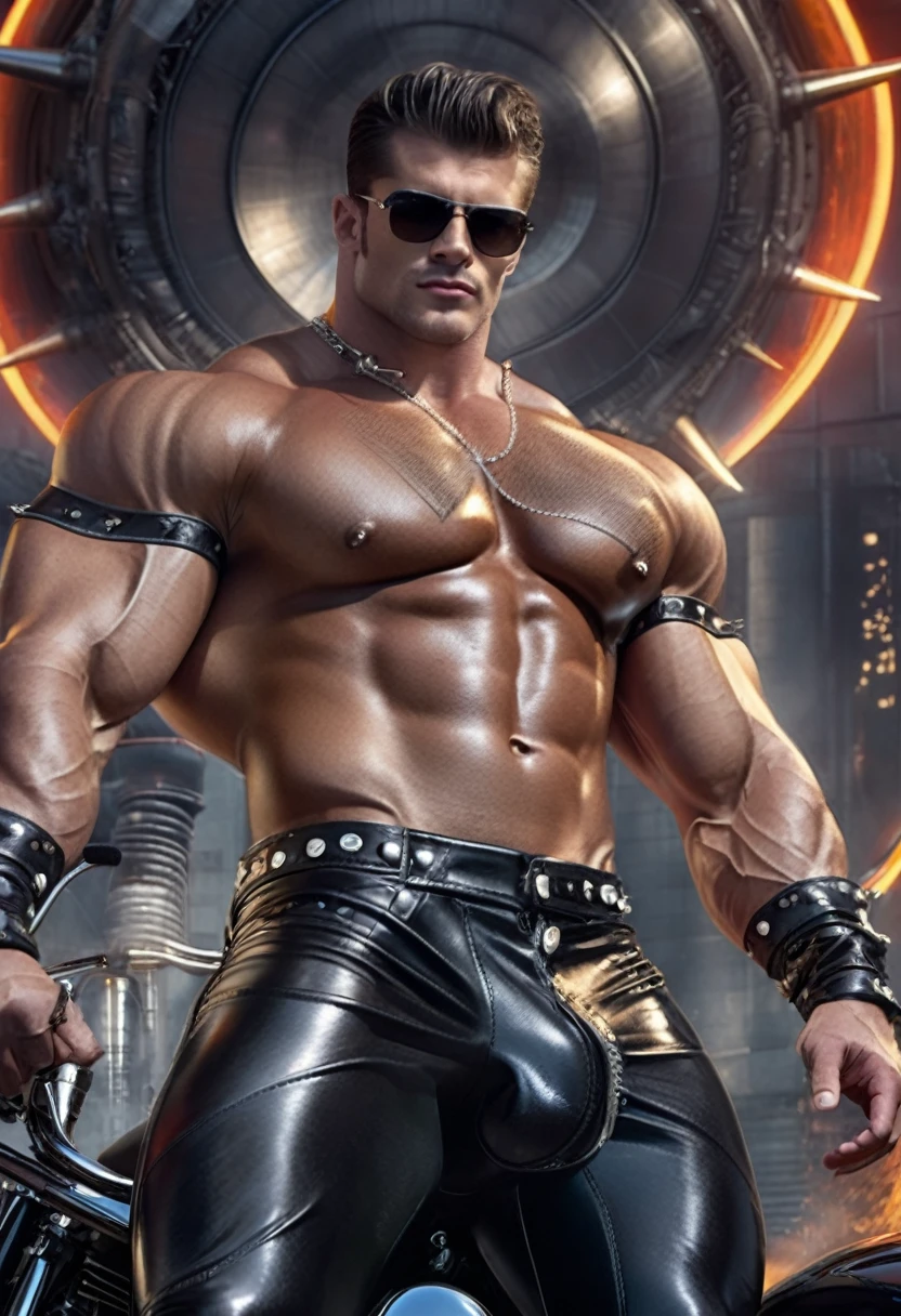 handsome huge gangsta bodybuilder Roman Todd on motorcycle, huge muscles, crotch bulge, quilted and studded with high spikes black shiny leather jacket, black shiny leather shirt, black shiny leather pants, black sunglasses, industrial architecture: 1.4),  retrofuturism, insane details, (Fujiflim XT3), 20 megapixel,