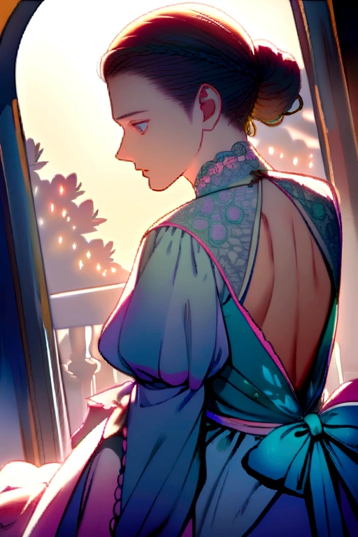 male boy, thin with fine features, dressed in a feminine pastel-colored open back Victorian dress