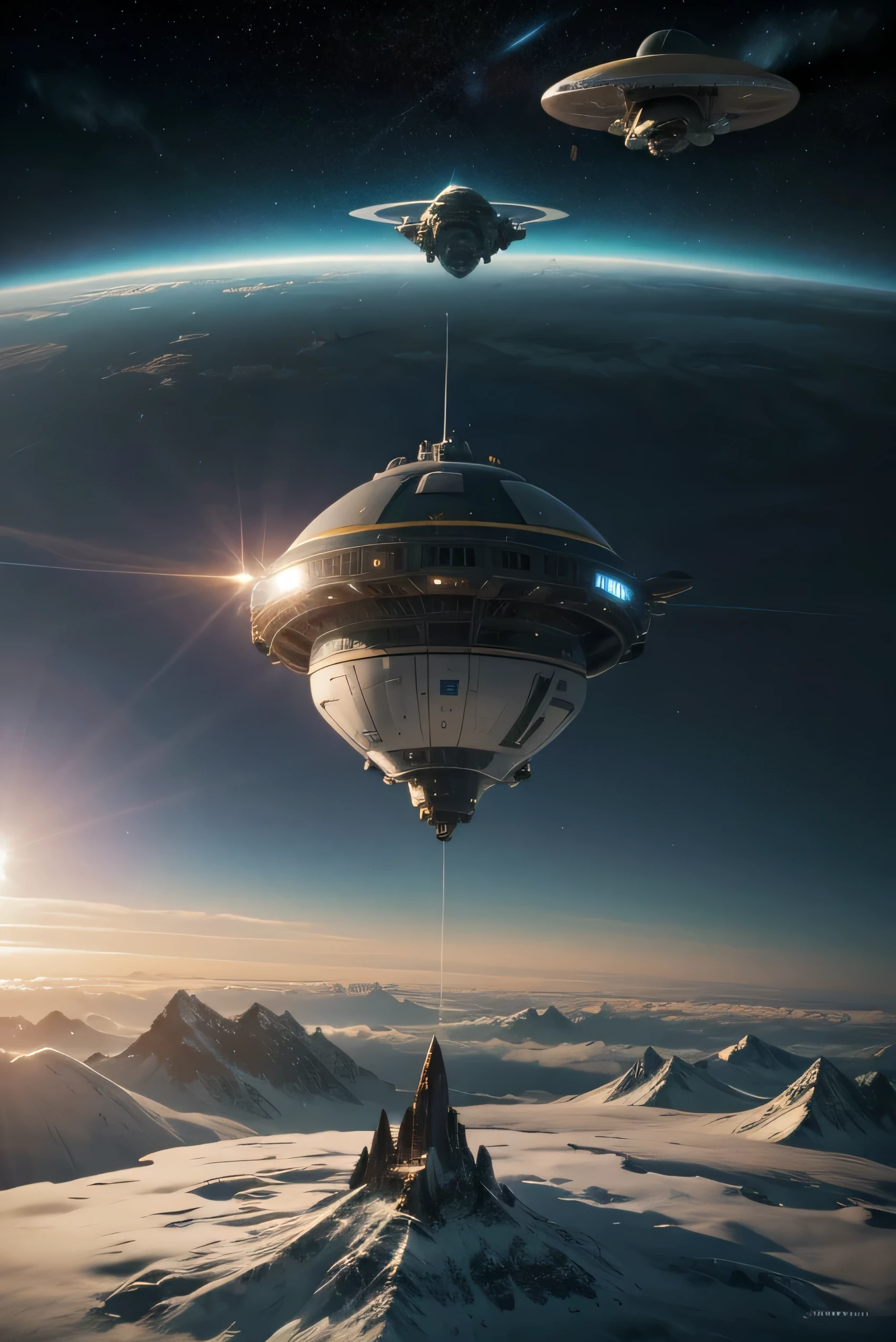 spacecraft flying over a mountain with sky background, verdant exoplanet, science fiction spaceship, science fiction fantasy art