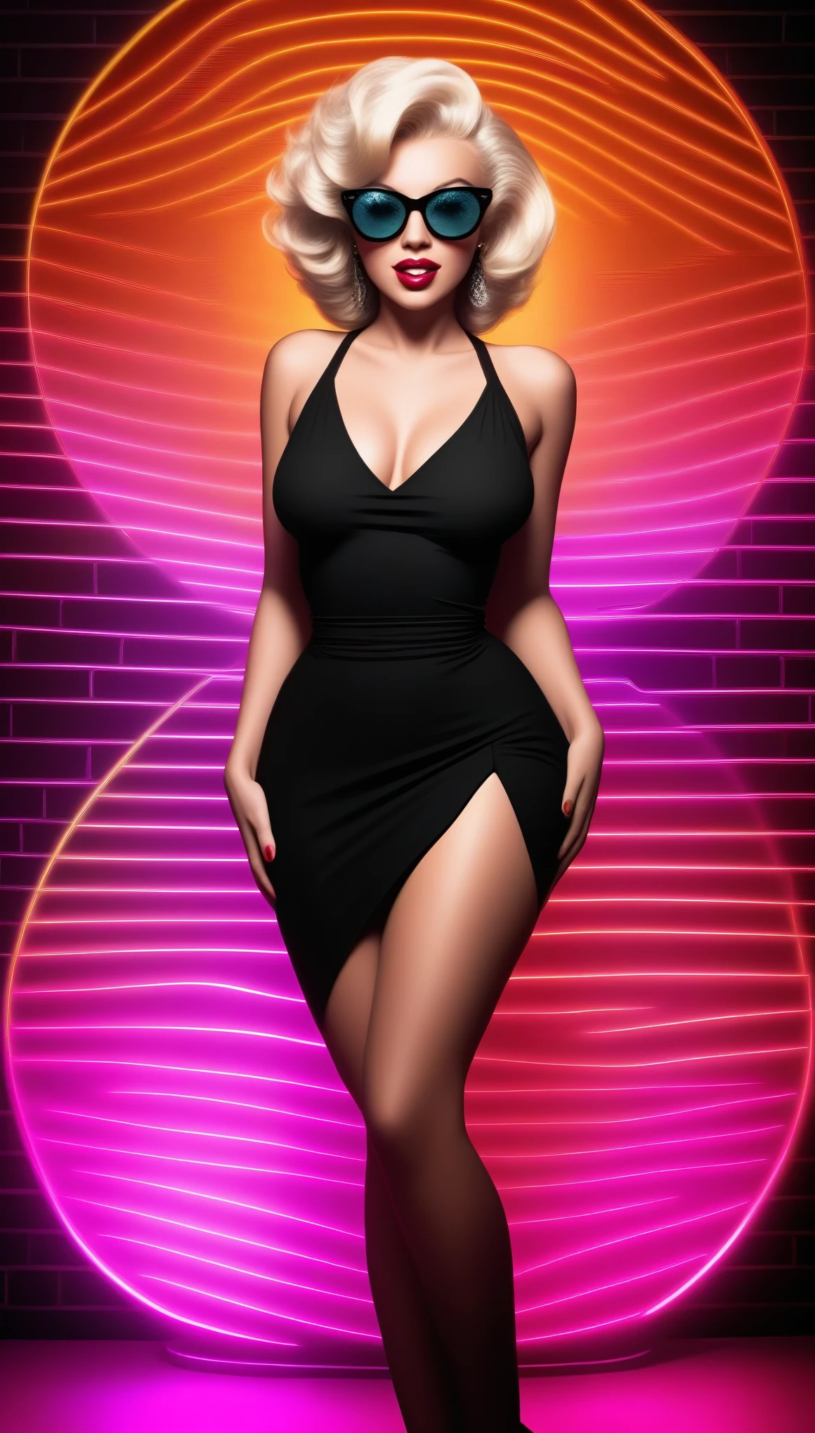 "Design an incredibly sexy provocative Marilyn Monroe with firm, round breasts wearing big round disco glasses that perfectly complement her face and tight form-fitting stylish attire. She should exude confidence and allure, with a stylish and modern look. Set the scene in a vibrant, urban backdrop with neon lights, adding a sleek and sophisticated vibe. Ensure the details are sharp and vibrant, capturing the essence of her captivating presence in a visually stunning composition. --ar 16:9 --q 200 --v 5 --style mouthwatering --details vivid."