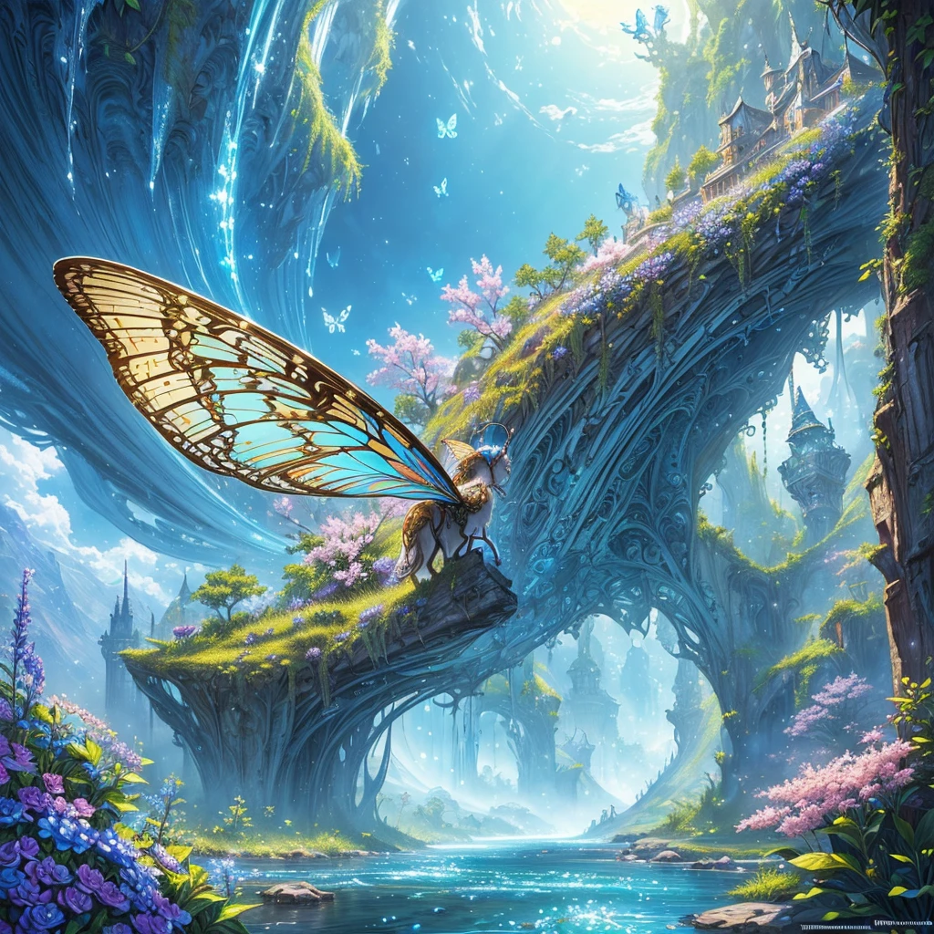 ((Highest quality)),(Ultra-high resolution),(Very detailed),(Detailed Description),((The best CG)),(A masterpiece),Ultra-detailed art,Amazing drawing art,(Fantasy art with intricate detail:1.5), Utopia of eternal spring,coloured butterflies、The blue sky stretches out endlessly、Clear Stream、Small Flower々、