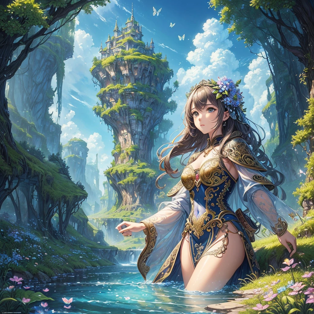 ((Highest quality)),(Ultra-high resolution),(Very detailed),(Detailed Description),((The best CG)),(A masterpiece),Ultra-detailed art,Amazing drawing art,(Fantasy art with intricate detail:1.5), Utopia of eternal spring,coloured butterflies、The blue sky stretches out endlessly、Clear Stream、Small Flower々、