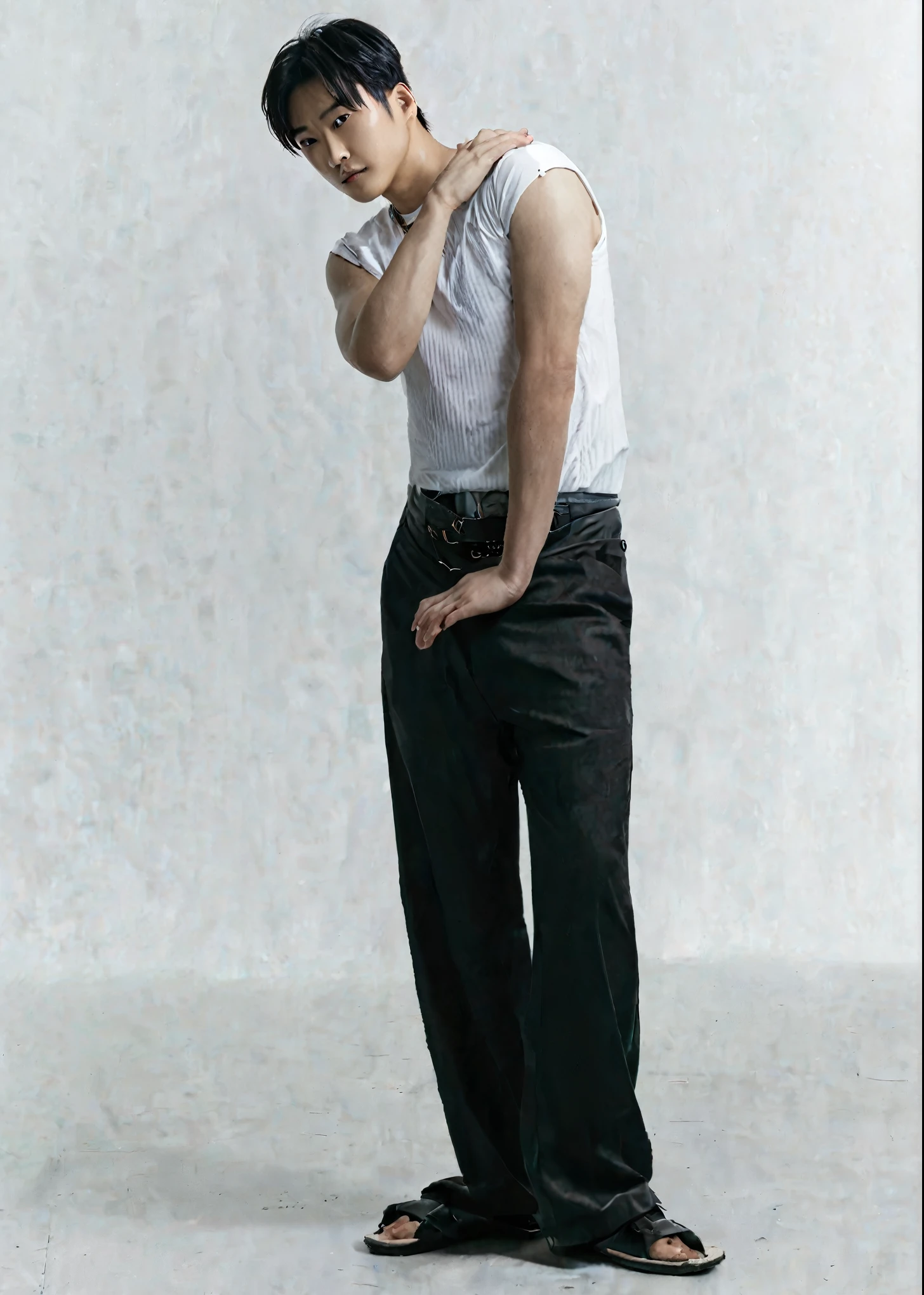 arafed man in a white shirt and black pants posing for a picture, hyung tae, hyung - tae kim, hyung-tae kim, hyung tae kim, full body portrait shot, full body wide shot, naoya tanaka, long full body shot, keisuke goto, toru furuya, yusuke nakano, fullbody photo