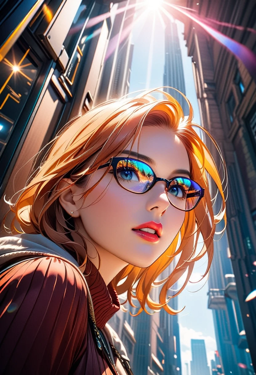 a facial portrait of a spy using glasses to take pictures working on a secret computer labratory, an elegant, exquisite beautiful female spy, dynamic hair color, dynamic hair style, (wearing elegant intricate details glasses: 1.3), dynamic color glasses, dynamic style glasses, ((digital information reflected in the glasses:1.6)), she wears an elegant, intricate detailed dress, silk dress , small cleavage, Vibrant, Ultra-high resolution, High Contrast, masterpiece:1.2, highest quality, Best aesthetics), best details, best quality, highres, ultra wide angle, 16k, [ultra detailed], masterpiece, best quality, (extremely detailed), Genetically modified..., Cinematic Hollywood Film, lens flare style