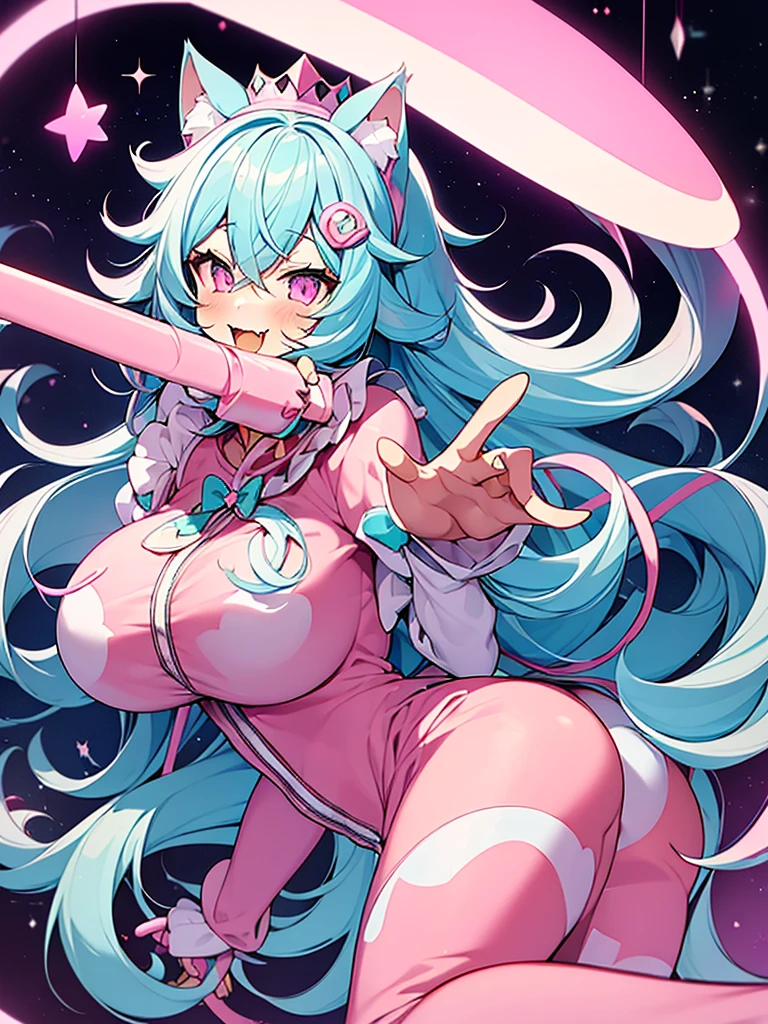 1cat girl, cat ears, cat tail, long curly light blue hair with pink highlights, silver princess crown, pink eyes, fangs, smiley face, cyan jumpsuit with pink details, pink boots with cyan details, pink magic wand in the shape of a star, big breasts, big ass, castle in space background