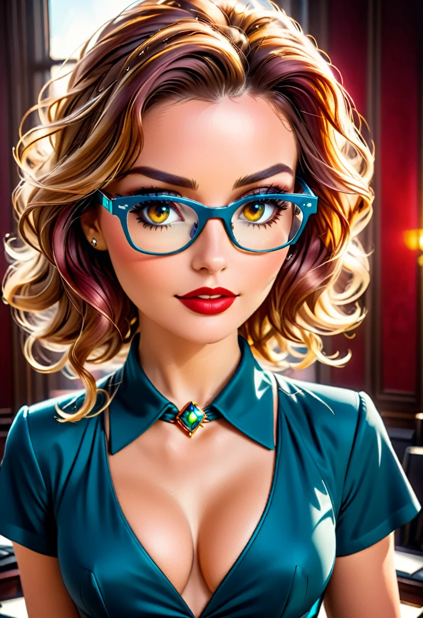 a facial portrait of a ((spy using glasses to take pictures)) working on a secret computer labratory, an elegant, exquisite beautiful female spy, dynamic hair color, dynamic hair style, (wearing elegant intricate details glasses: 1.3), dynamic color glasses, dynamic style glasses, ((letter and numbers are seen on the glasses:1.6)), she wears an elegant, intricate detailed dress, silk dress , small cleavage, Vibrant, Ultra-high resolution, High Contrast, masterpiece:1.2, highest quality, Best aesthetics), best details, best quality, highres, ultra wide angle, 16k, [ultra detailed], masterpiece, best quality, (extremely detailed), Genetically modified..., Cinematic Hollywood Film, lens flare style