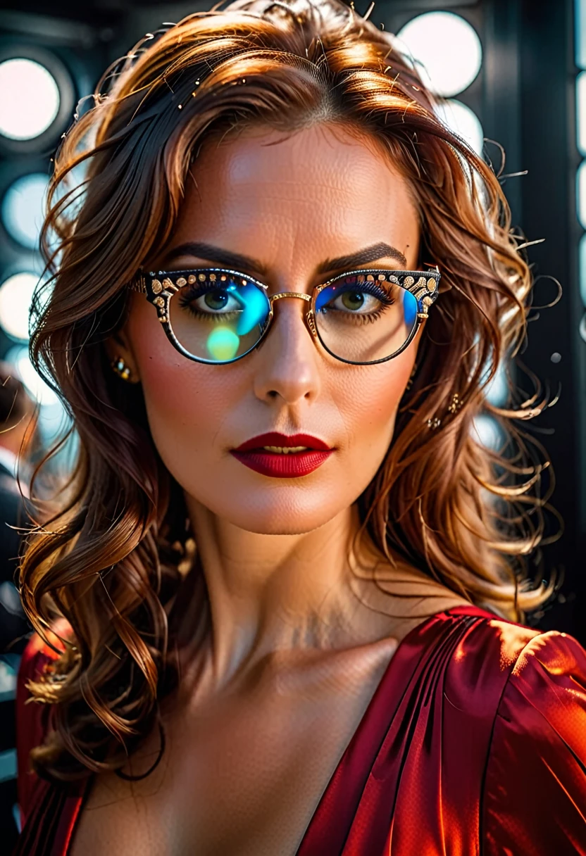 a facial portrait of a ((spy using glasses to take pictures)) working on a secret computer labratory, an elegant, exquisite beautiful female spy, dynamic hair color, dynamic hair style, (wearing elegant intricate details glasses: 1.3), dynamic color glasses, dynamic style glasses, ((letter and numbers are seen on the glasses:1.6)), she wears an elegant, intricate detailed dress, silk dress , small cleavage, Vibrant, Ultra-high resolution, High Contrast, masterpiece:1.2, highest quality, Best aesthetics), best details, best quality, highres, ultra wide angle, 16k, [ultra detailed], masterpiece, best quality, (extremely detailed), Genetically modified..., Cinematic Hollywood Film, lens flare style