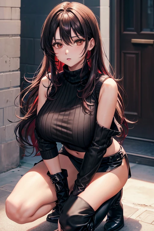 Chica with cabello color rojo hermosa (((big breasts))), with un (((black sleeveless sweater))), with (((a black miniskirt))), (((black boots that reach to the knees))). Se encuentra en el techo de un edificio with un rifle de francotirador.