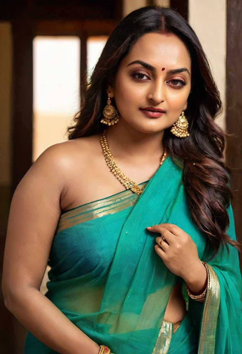 Foto RAW, photorealistic, photography, full body shot, 50 years old Woman, master shot, perfect eyes, goddess like beauty, pierced eyes, perfect thick chubby mallu Desi aunty bhabhi, Wearing a Stanapatta, a chest-band.Saree model, model Photography, Indian saree shoot, Indian traditional wear advertising photography, traditional wear brand shoot, face of Indian actress Sonakshi Sinha, masterpiece, realistic, realism, incredible details, pleasure, photorealism, detailed skin, skin pores, high contrast, photorealistic Artstation 8k HD digital art trend of high definition and detailed realistic skin texture, ultra detail, realistic skin texture, armature, best quality, ultra high definition, (photorealistic:1.4),, high resolution, detail, raw photo, sweat, Re sharp, by Lee Jefferies Nikon D850 Film Stock Photo 4 Kodak Portra 400 Camera F1.6 Lens Rich Color Ultra Real Realistic Realistic Textures Dramatic Lighting Unreal Engine Trending at Art Station Cinestill 800,(pele altamente detalhada: 1.2), 8k UHD, DSLR, soft-lighting, alta qualidade, grain of film, Fujifilm XT3,she didn't like to wear blouse or bra, she is happy to wear only saree, she hates blouse or bra, detailed hairy armpits, hyper realistic skin, skin pores, sweat, veins,