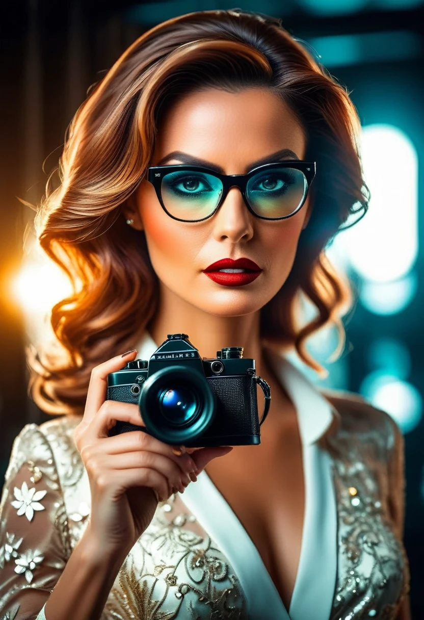 a facial portrait of a ((spy using glasses to take pictures)) working on a secret computer labratory, an elegant, exquisite beautiful female spy, dynamic hair color, dynamic hair style, (wearing elegant intricate details glasses: 1.3), dynamic color glasses, dynamic style glasses, ((letter and numbers are seen on the glasses:1.6)), she wears an elegant, intricate detailed dress, silk dress , small cleavage, Vibrant, Ultra-high resolution, High Contrast, masterpiece:1.2, highest quality, Best aesthetics), best details, best quality, highres, ultra wide angle, 16k, [ultra detailed], masterpiece, best quality, (extremely detailed), Genetically modified..., Cinematic Hollywood Film, lens flare style