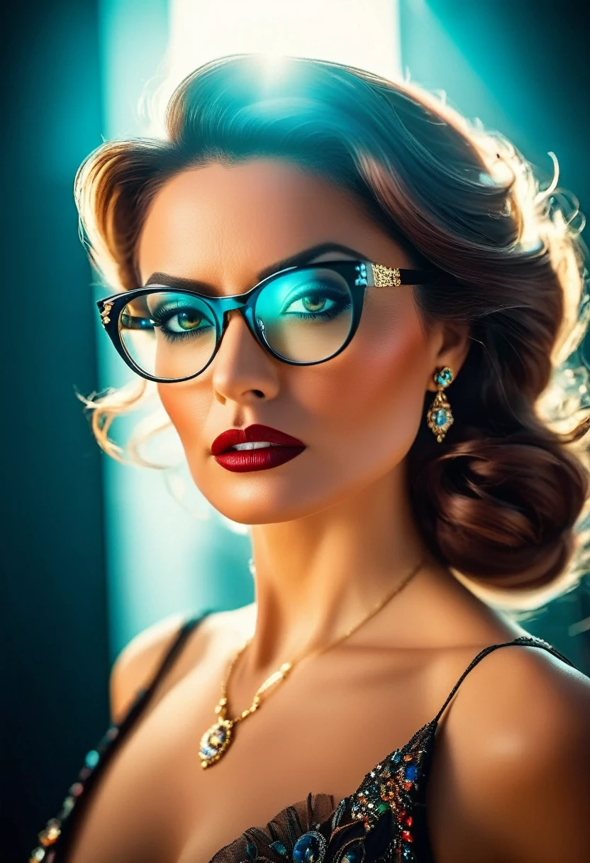 a facial portrait of a ((spy using glasses to take pictures)) working on a secret computer labratory, an elegant, exquisite beautiful female spy, dynamic hair color, dynamic hair style, (wearing elegant intricate details glasses: 1.3), dynamic color glasses, dynamic style glasses, ((letter and numbers are seen on the glasses:1.6)), she wears an elegant, intricate detailed dress, silk dress , small cleavage, Vibrant, Ultra-high resolution, High Contrast, masterpiece:1.2, highest quality, Best aesthetics), best details, best quality, highres, ultra wide angle, 16k, [ultra detailed], masterpiece, best quality, (extremely detailed), Genetically modified..., Cinematic Hollywood Film, lens flare style