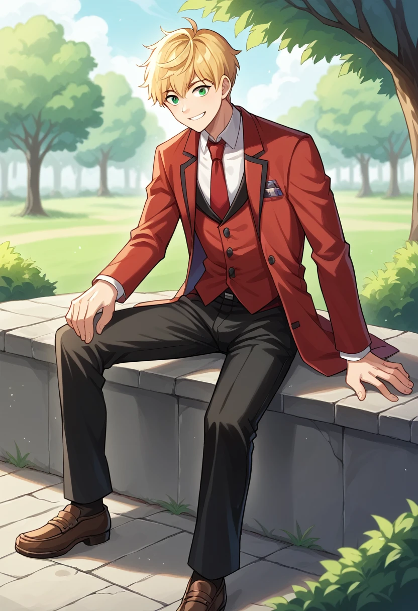 score_9, score_8_wonderful, score_7_wonderful, sauce_Anime BREAK 1 Boy, alone, Male Focus, Part 1 Leanne, blonde, , Red Blazer, Red tie, Black trousers, Outdoor, , smile，kneel